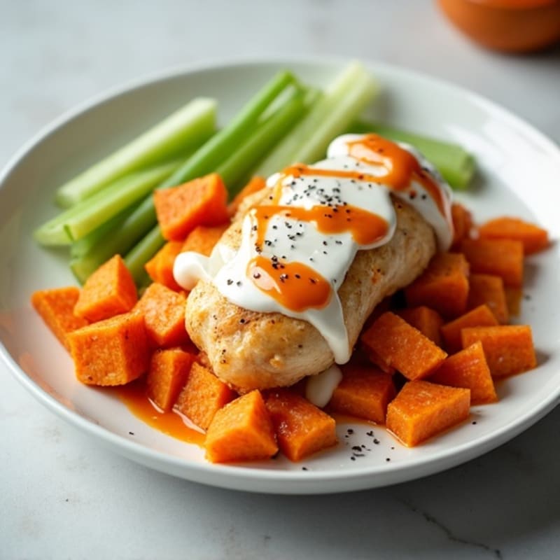 Creamy Buffalo Chicken with Roasted Sweet Potatoes and Crunchy Celery