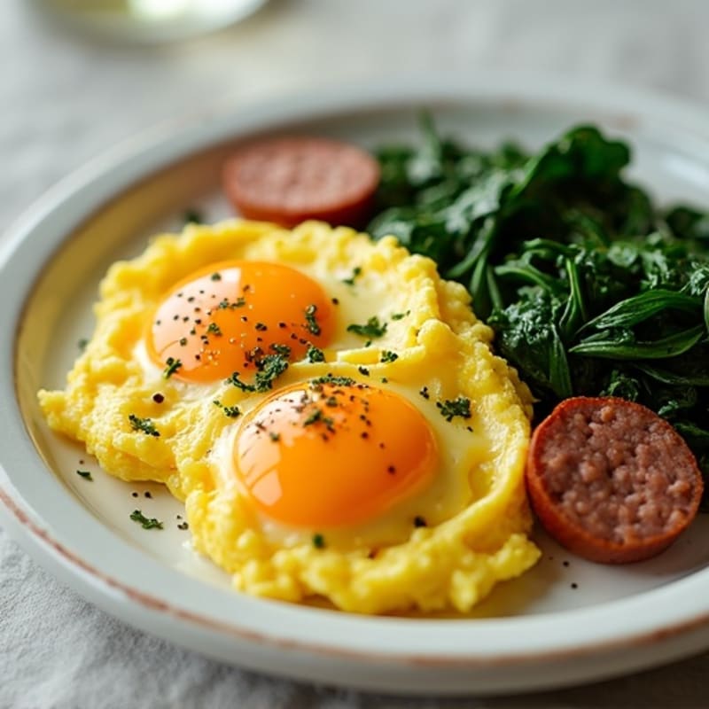 Fluffy Scrambled Eggs with Sautéed Greens and Turkey Sausage