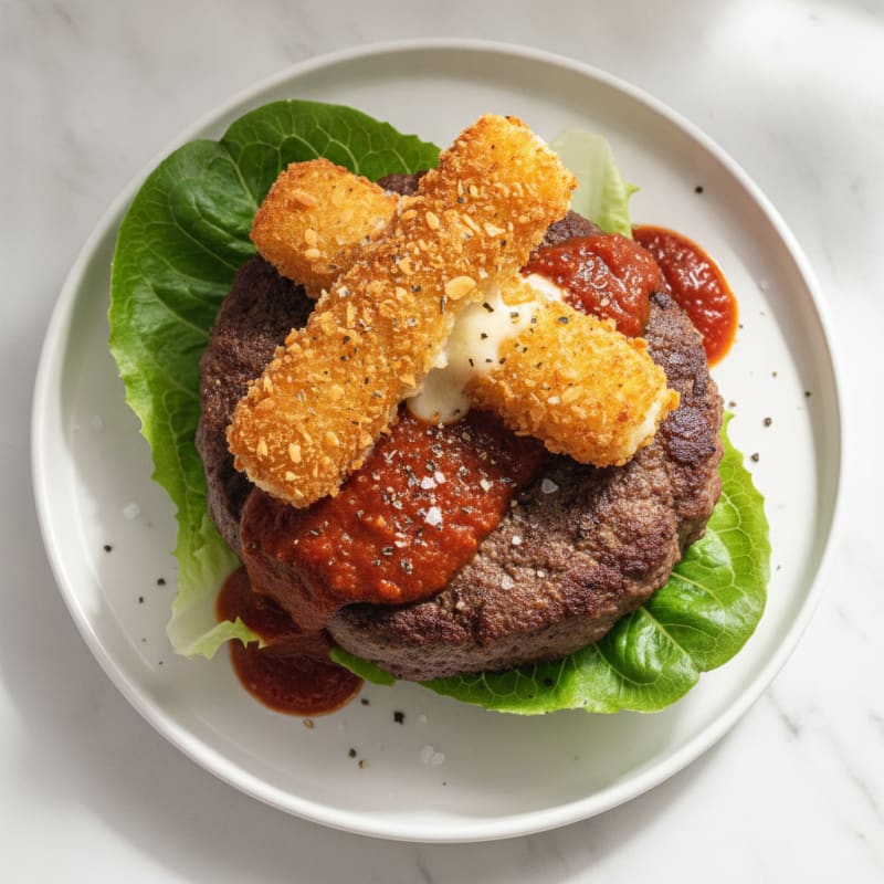 Mozzarella Stick Beef Burger with Marinara