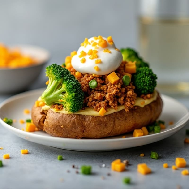 Loaded Baked Potato with Lean Ground Turkey and Crispy Broccoli