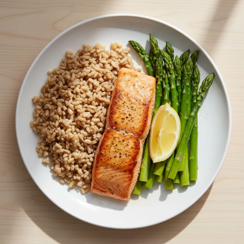 Seared Salmon with Steamed Asparagus and Brown Rice
