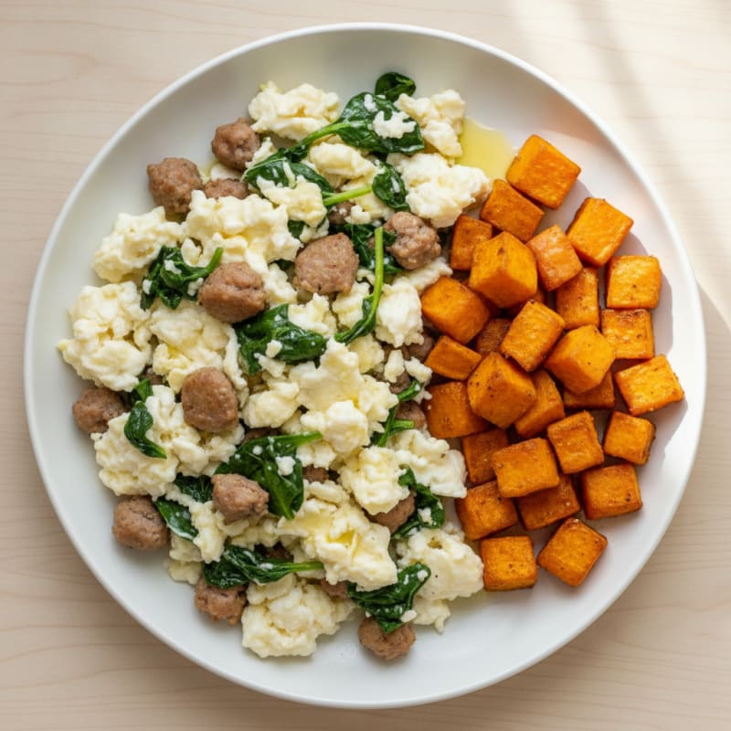 Egg White and Turkey Sausage Scramble with Roasted Sweet Potato