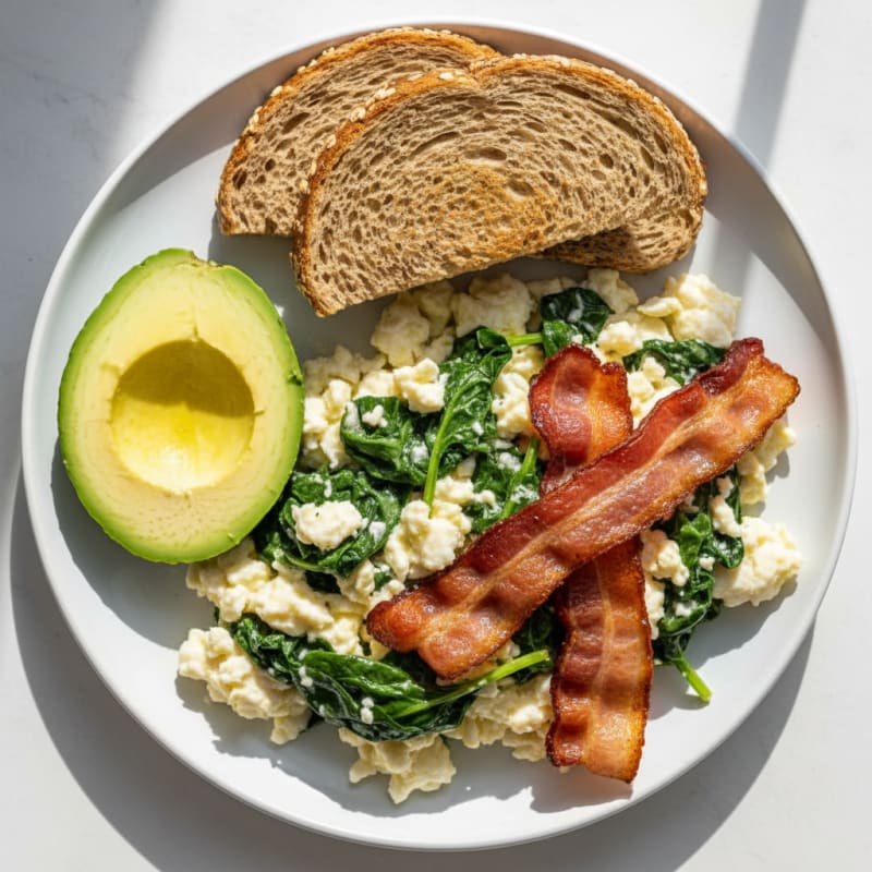 Crispy Turkey Bacon and Egg White Scramble with Sautéed Spinach