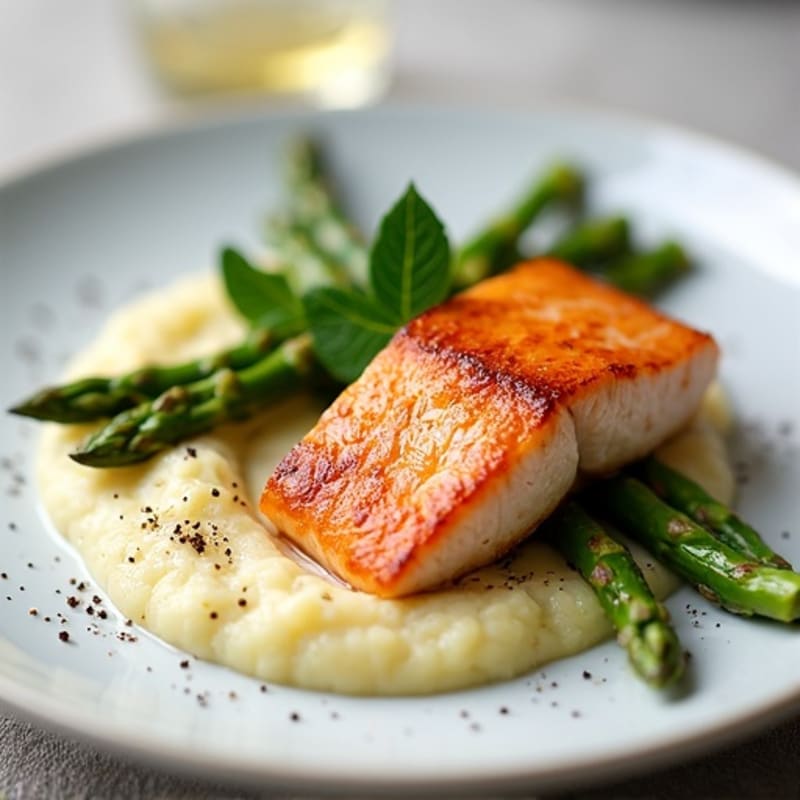 Seared Salmon Fillet with Roasted Asparagus and Cauliflower Mash