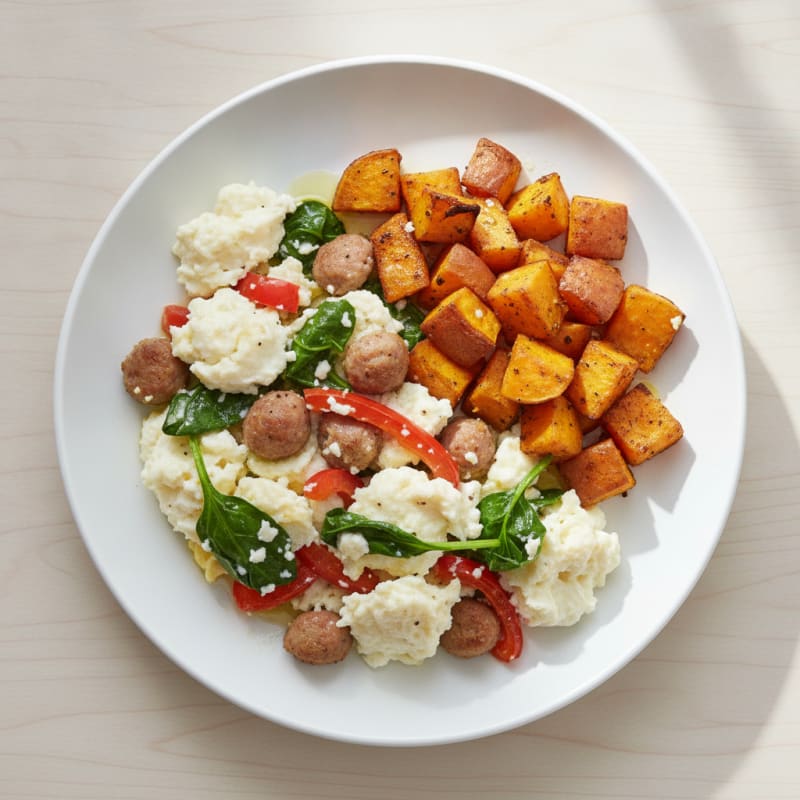 Egg White and Turkey Sausage Scramble with Roasted Sweet Potatoes