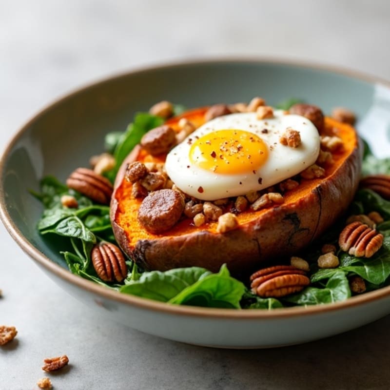 Maple-Pecan Stuffed Sweet Potato with Turkey Sausage