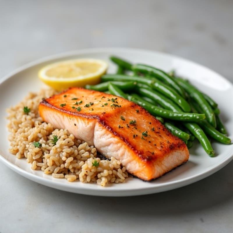Seared Salmon with Garlic Green Beans and Brown Rice