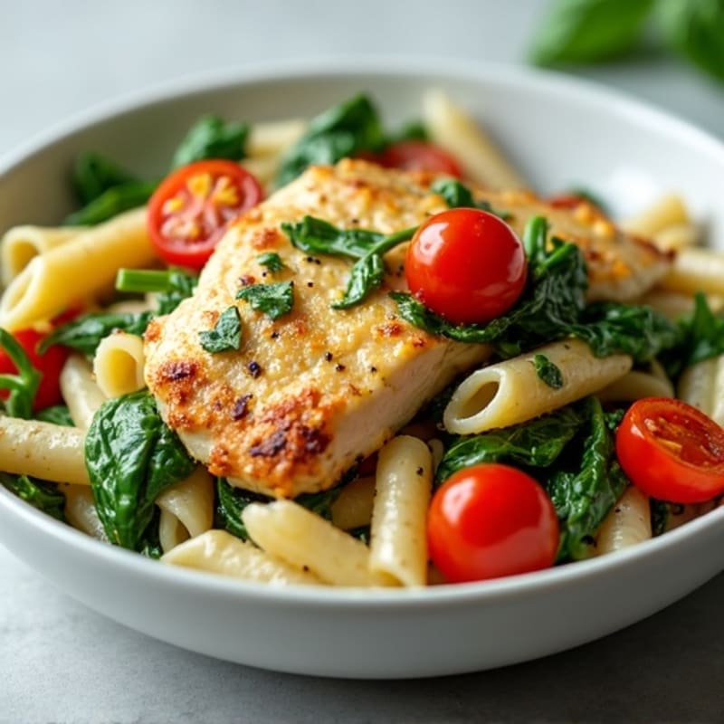 Creamy Pesto Chicken Pasta with Blistered Tomatoes and Spinach