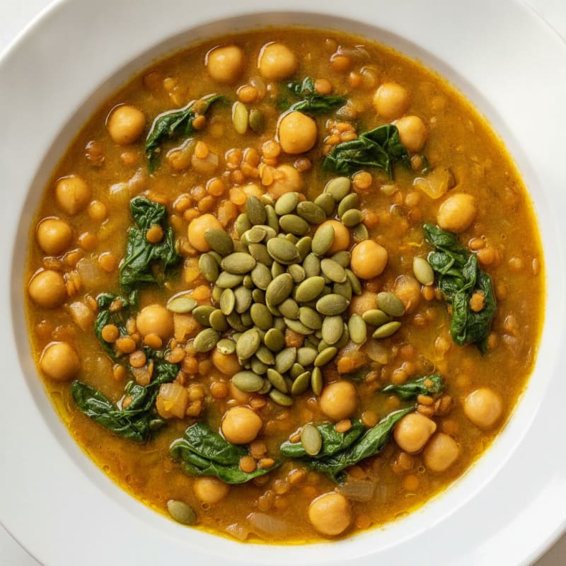 Lentil and Chickpea Stew with Spinach and Pumpkin Seeds