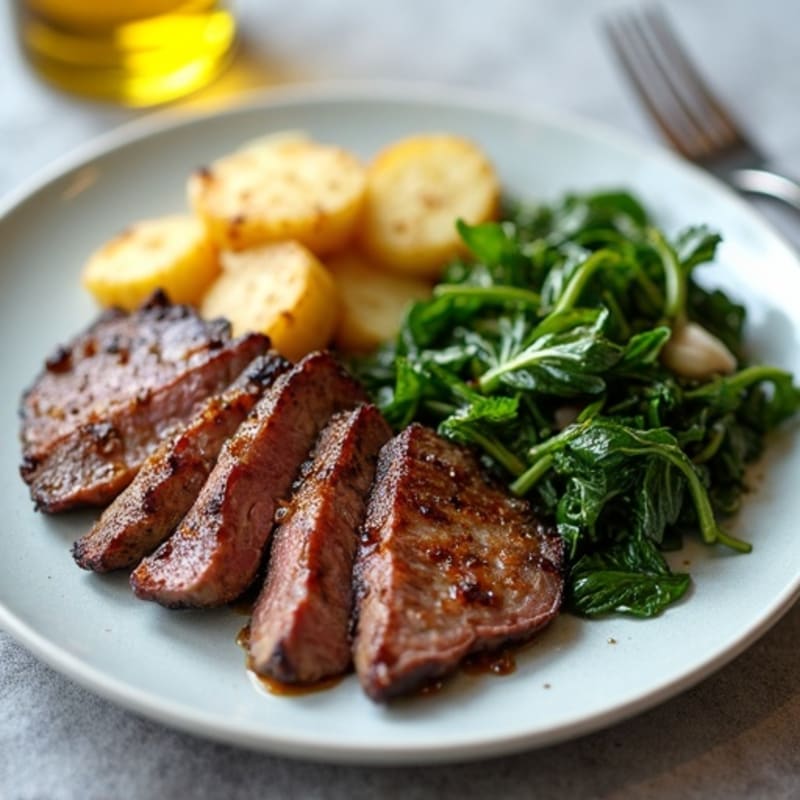 Seared Beef Strips with Sautéed Greens and Garlic Potatoes
