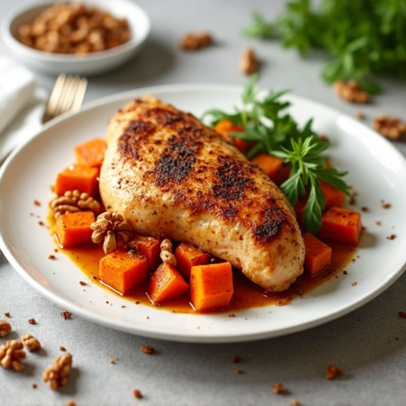 Cinnamon-Spiced Chicken with Toasted Walnuts and Roasted Sweet Potatoes