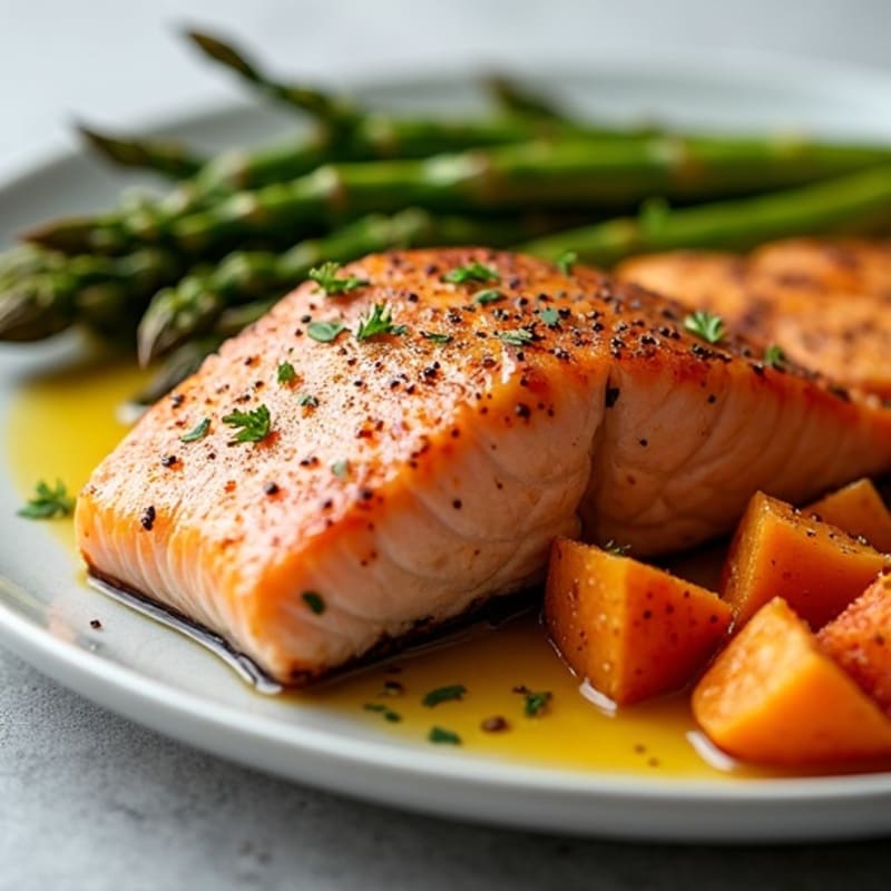Seared Salmon Fillet with Roasted Sweet Potatoes and Asparagus