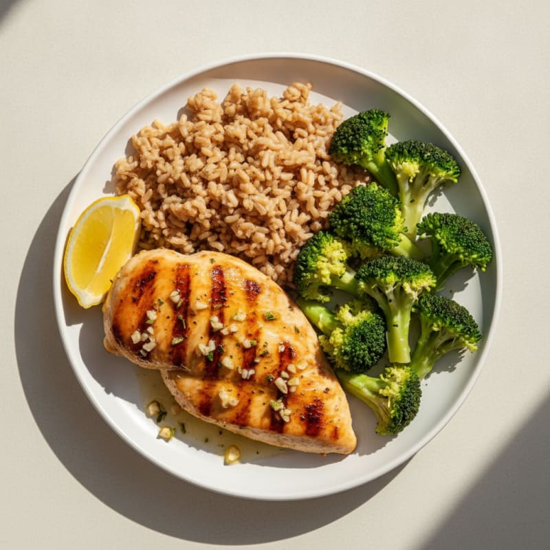 Grilled Chicken Breast with Steamed Broccoli and Brown Rice