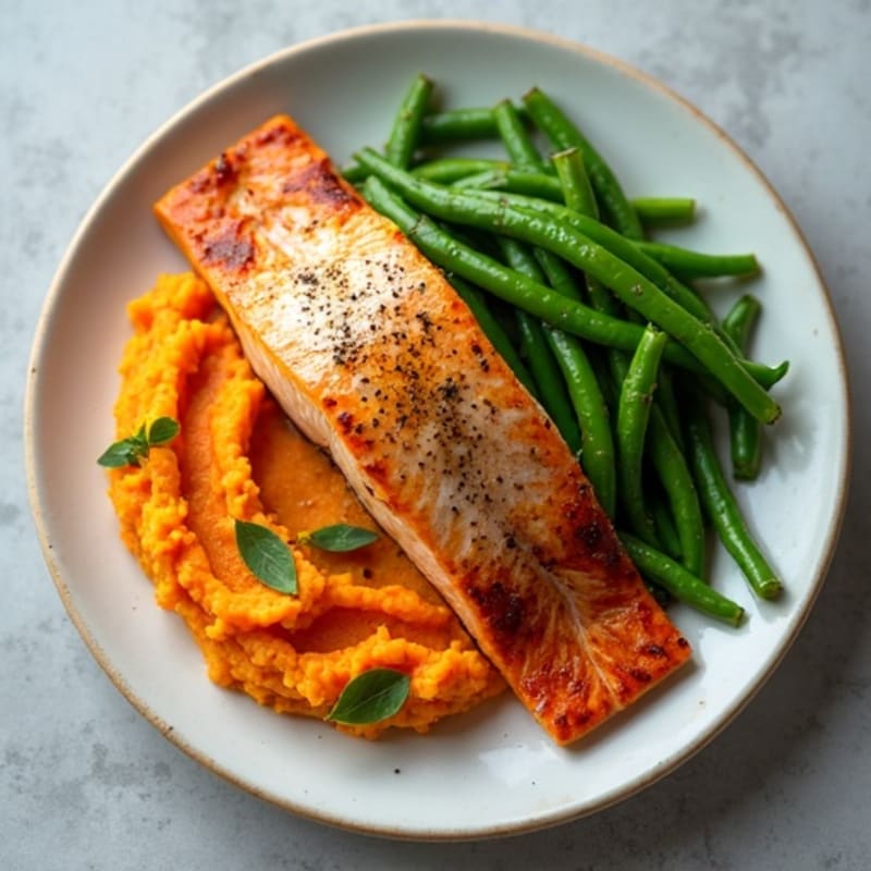 Seared Salmon Fillet with Garlic Green Beans and Sweet Potato Mash