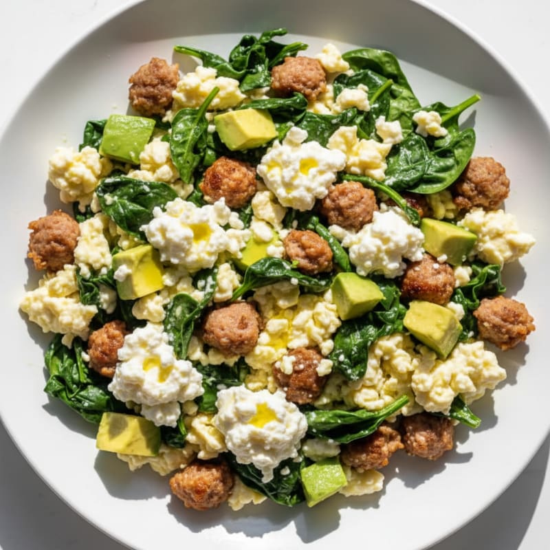 Egg White and Turkey Sausage Scramble with Cottage Cheese and Spinach