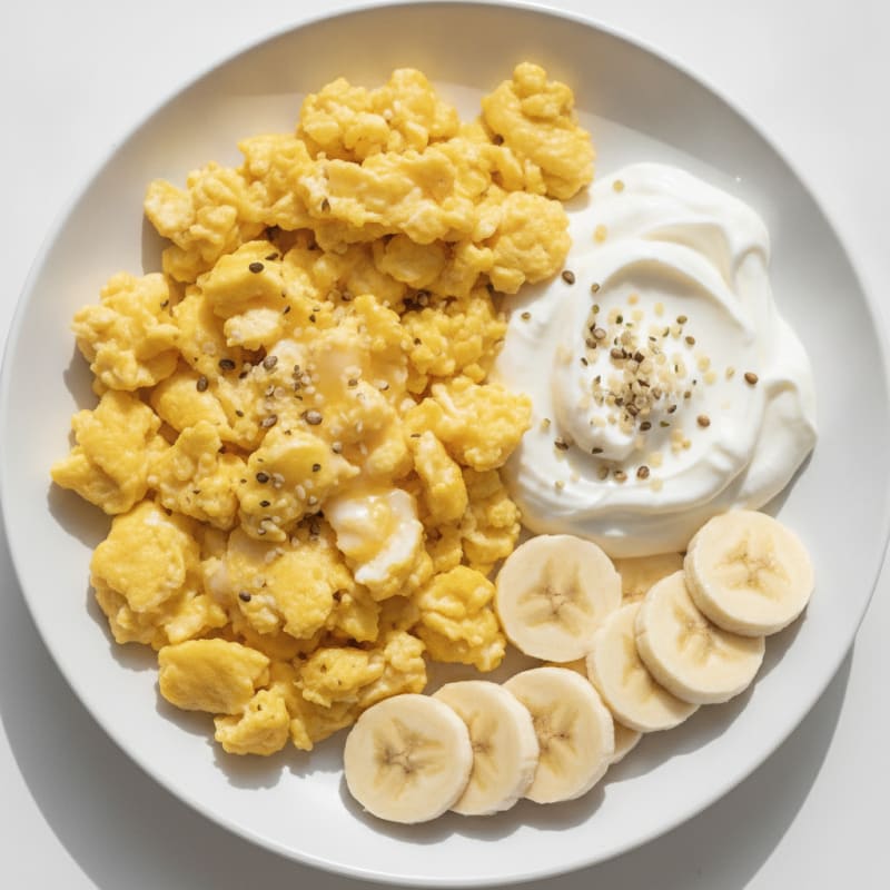 Scrambled Eggs with Greek Yogurt and Ripe Banana Slices