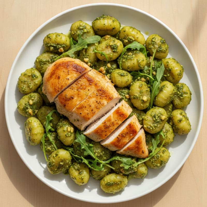 Pan-Seared Chicken and Gnocchi with Zesty Arugula Pesto