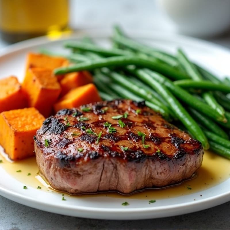 Pan-Seared Steak with Roasted Sweet Potatoes and Green Beans