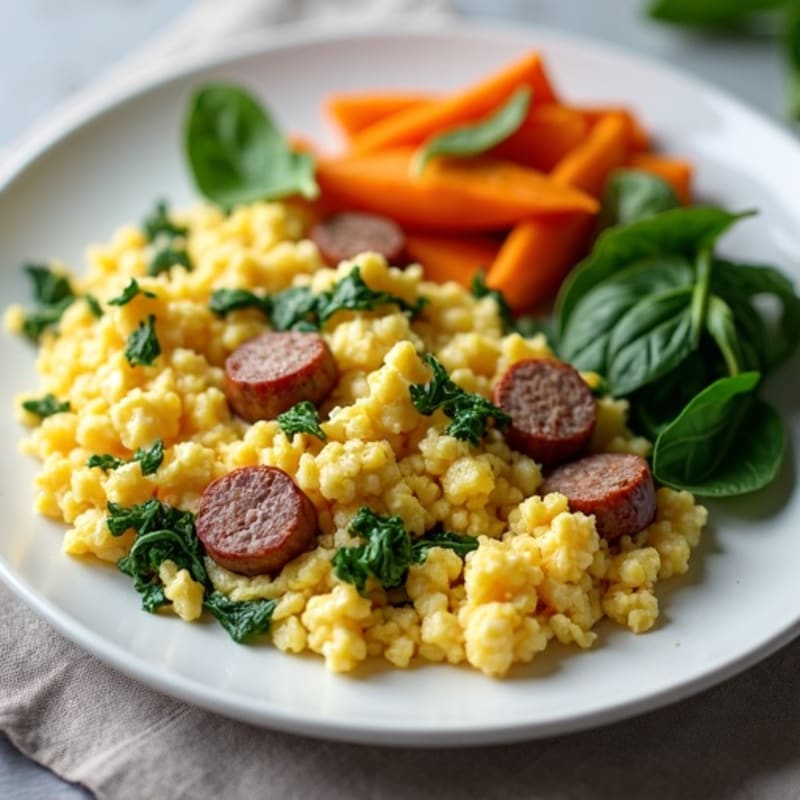 Egg White and Turkey Sausage Scramble with Spinach and Roasted Sweet Potato