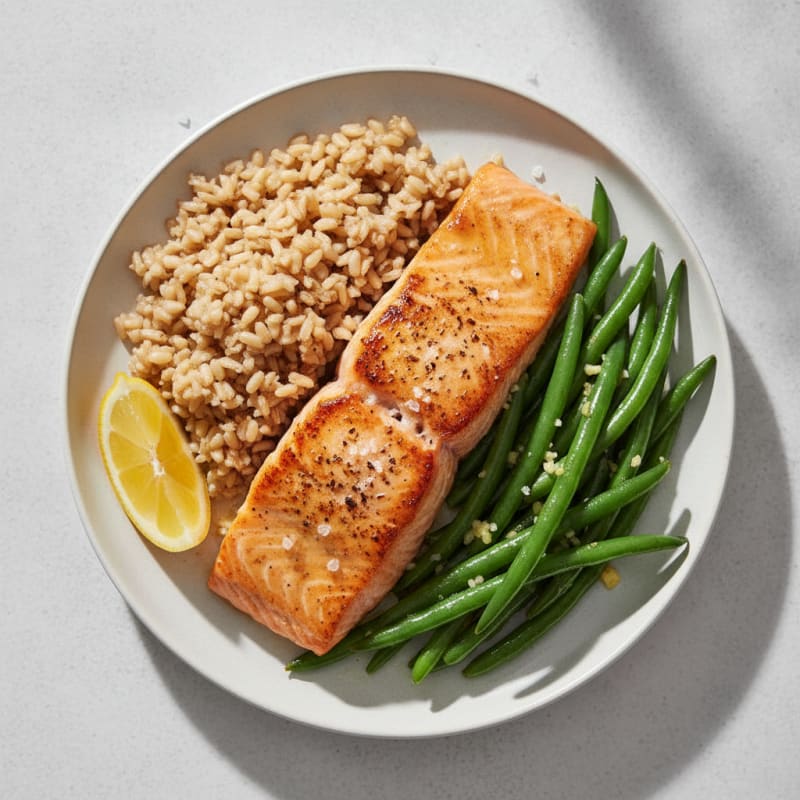 Seared Salmon with Garlic Green Beans and Brown Rice