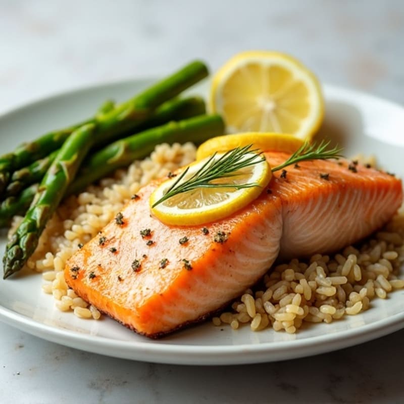 Flaky Lemon-Dill Salmon with Brown Rice and Roasted Asparagus