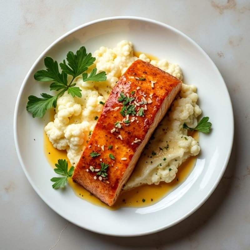 Maple-Tahini Glazed Salmon with Creamy Lemon-Herb Cauliflower Mash