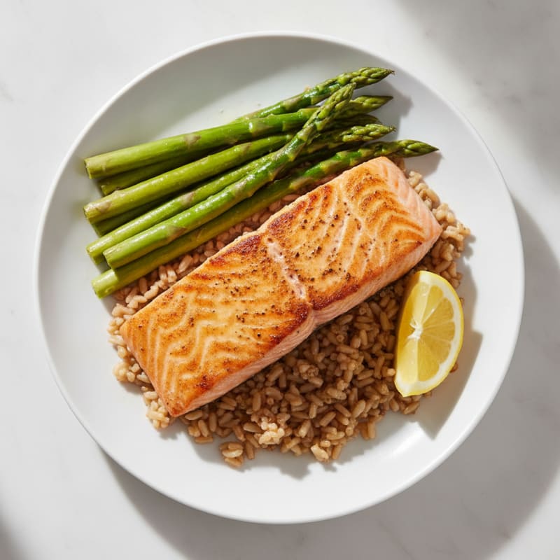 Seared Salmon with Steamed Asparagus and Brown Rice