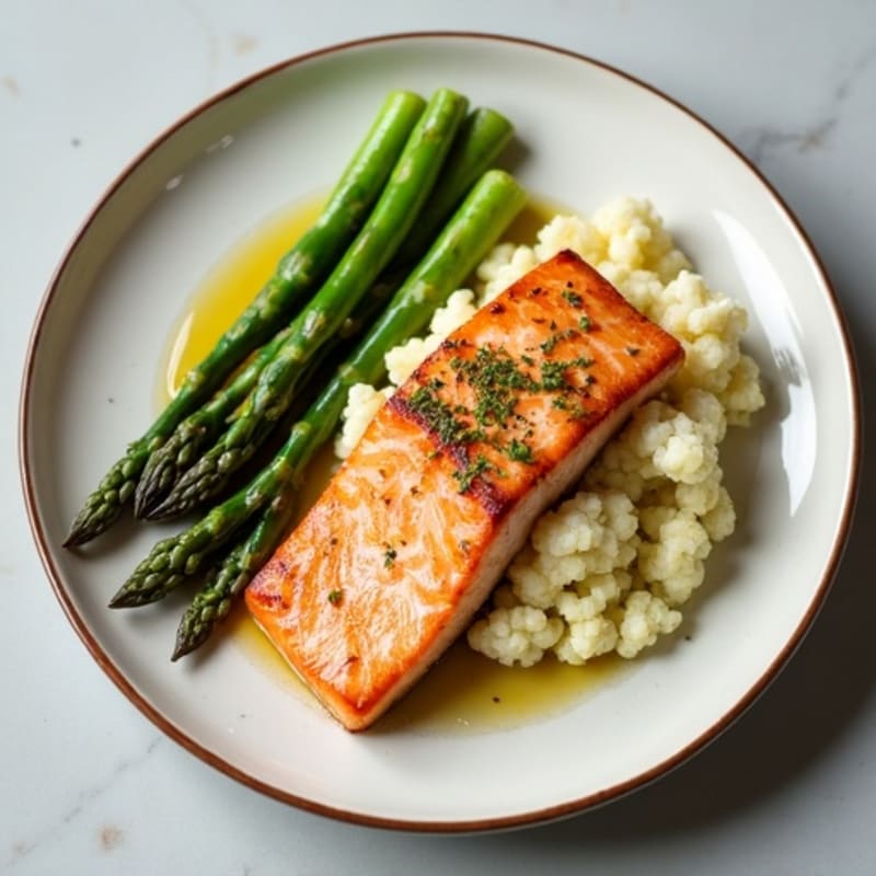 Seared Salmon with Steamed Asparagus and Garlic Mashed Cauliflower