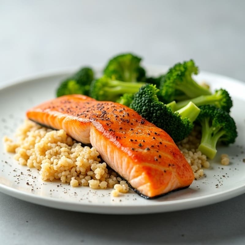 Seared Salmon with Steamed Broccoli and Quinoa