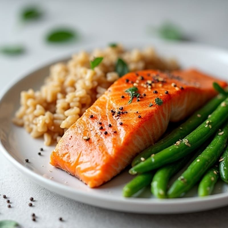 Seared Salmon Fillet with Steamed Green Beans and Brown Rice
