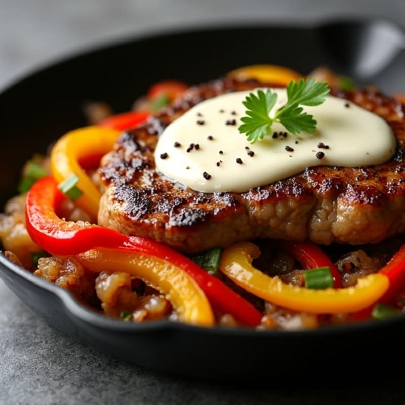 Skillet Seared Steak with Sautéed Bell Peppers, Caramelized Onions, and Creamy Provolone Sauce