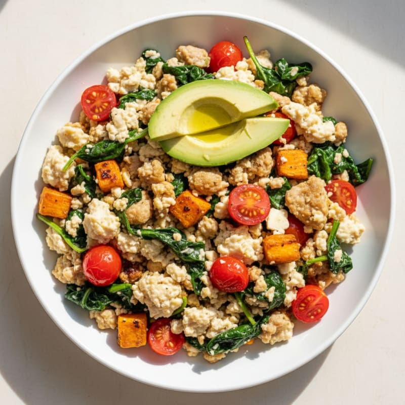 Egg White and Turkey Sausage Scramble with Spinach and Cherry Tomatoes
