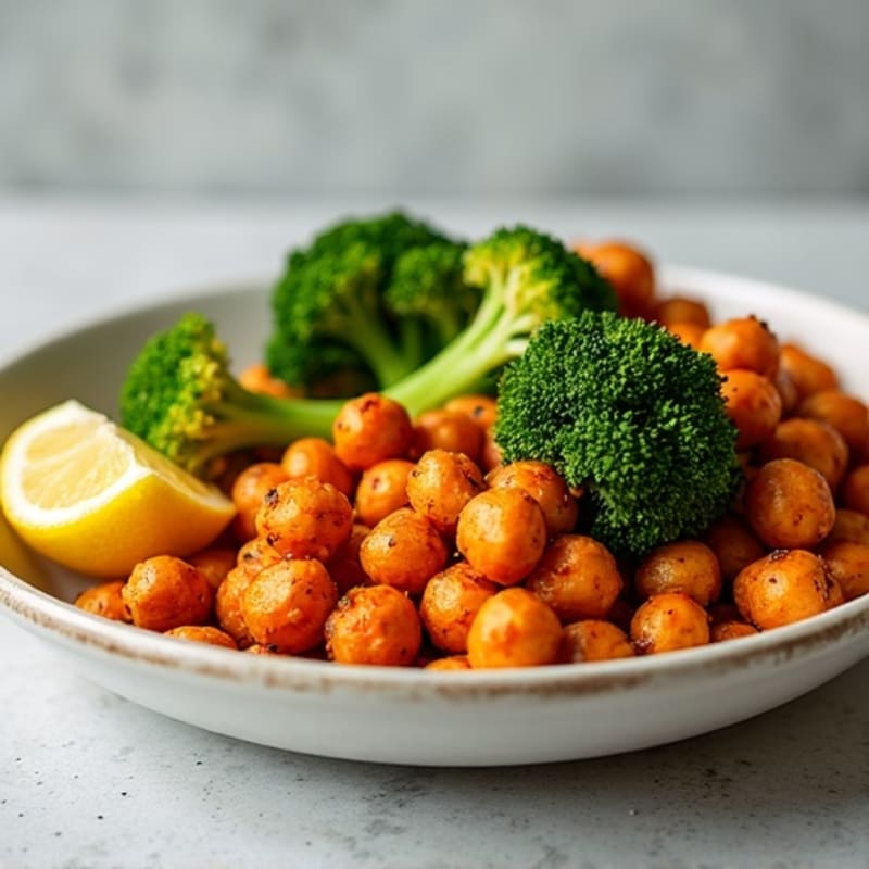 Crispy Roasted Chickpeas and Sweet Potatoes with Zesty Broccoli