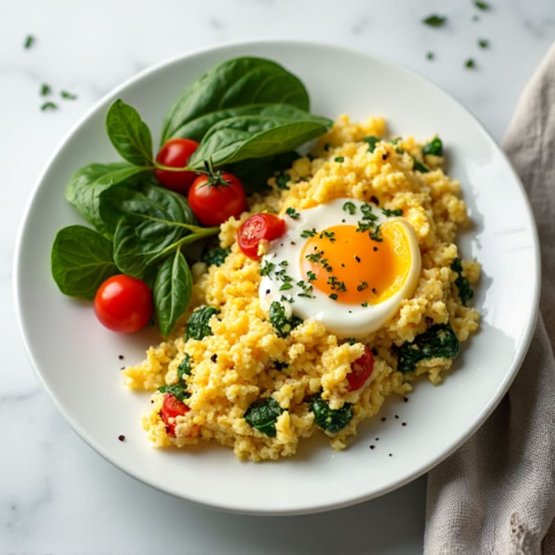 Cottage Cheese Egg Scramble with Spinach and Cherry Tomatoes