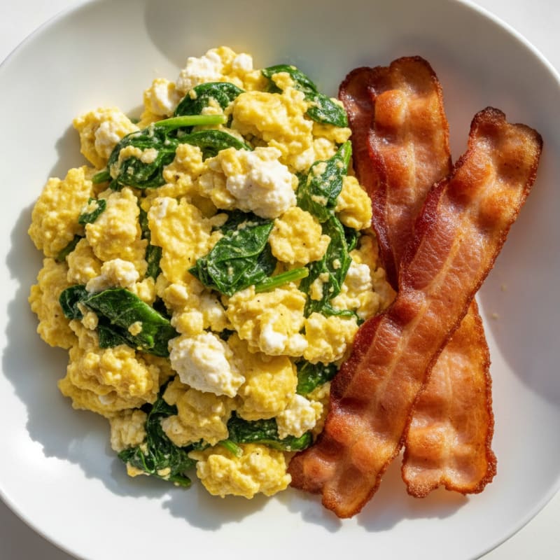 Cottage Cheese Egg Scramble with Spinach and Turkey Bacon