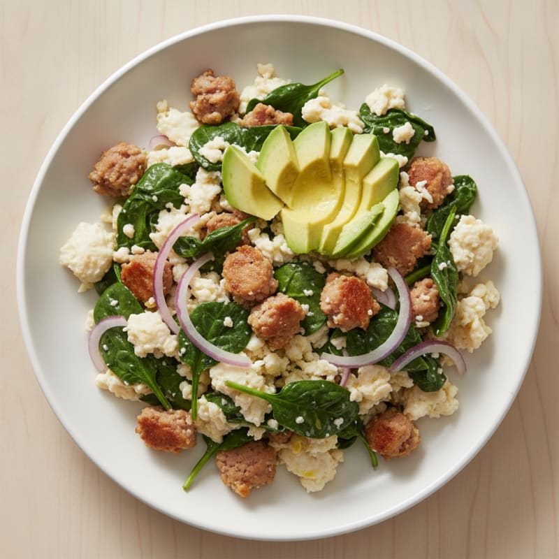 Egg White and Turkey Sausage Scramble with Sautéed Spinach