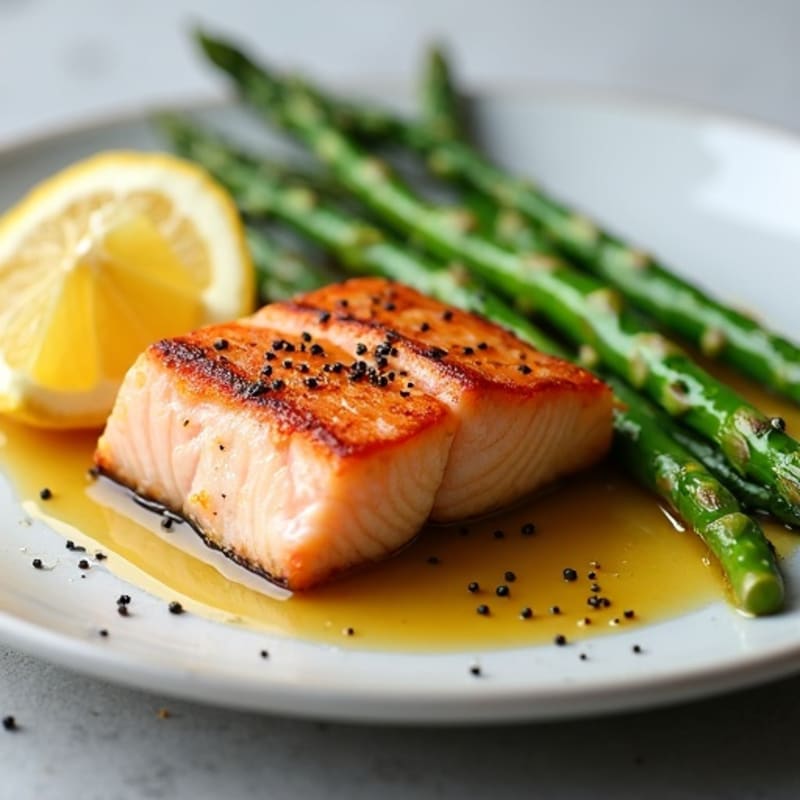 Seared Salmon with Steamed Asparagus and Lemon