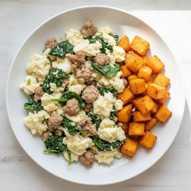 Egg White and Turkey Sausage Scramble with Spinach and Roasted Sweet Potatoes