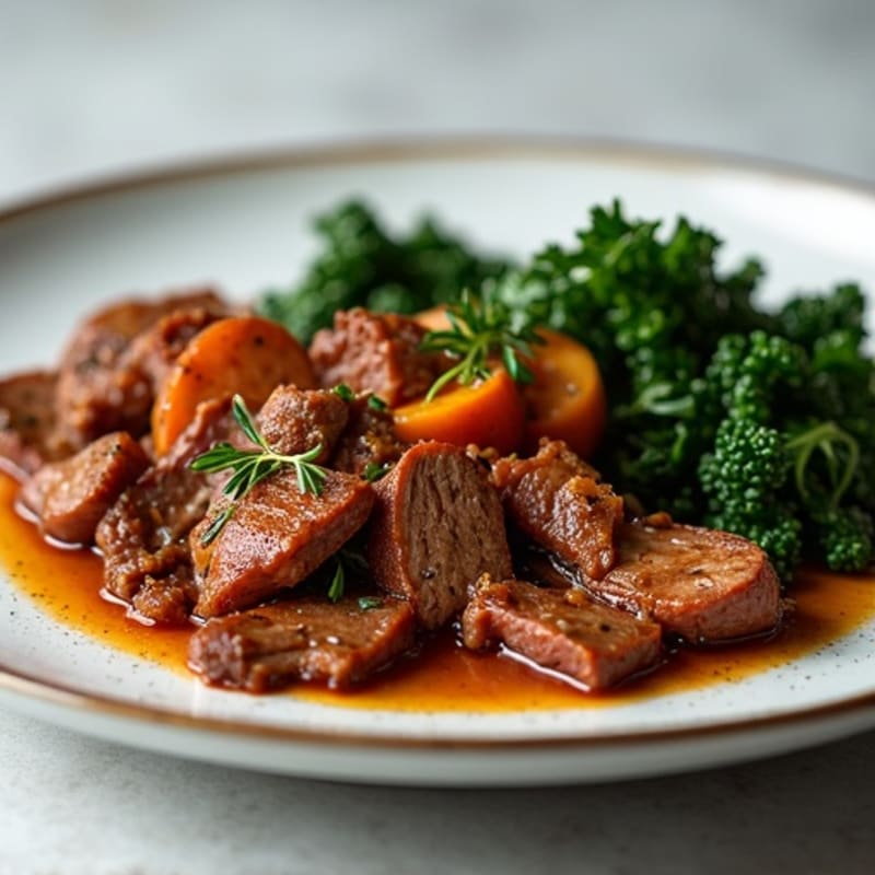 Tender Smoky Brisket with Roasted Sweet Potatoes and Sautéed Greens
