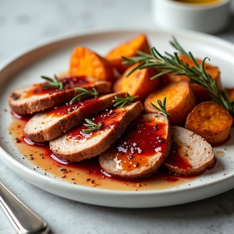 Juicy Cherry Balsamic Glazed Pork Tenderloin with Roasted Sweet Potatoes