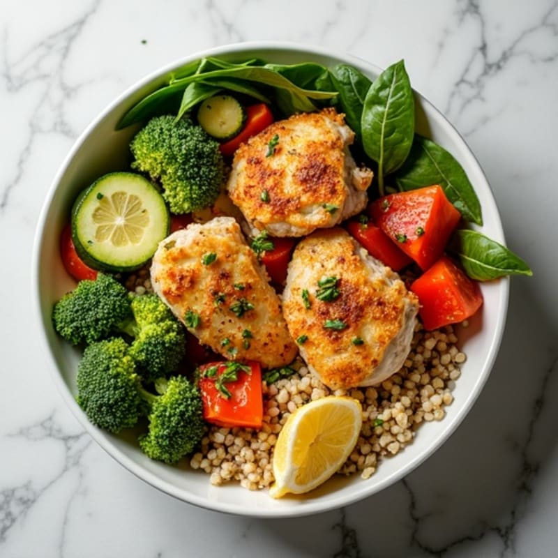 Crispy Lemon Herb Chicken with Roasted Vegetable Power Bowl