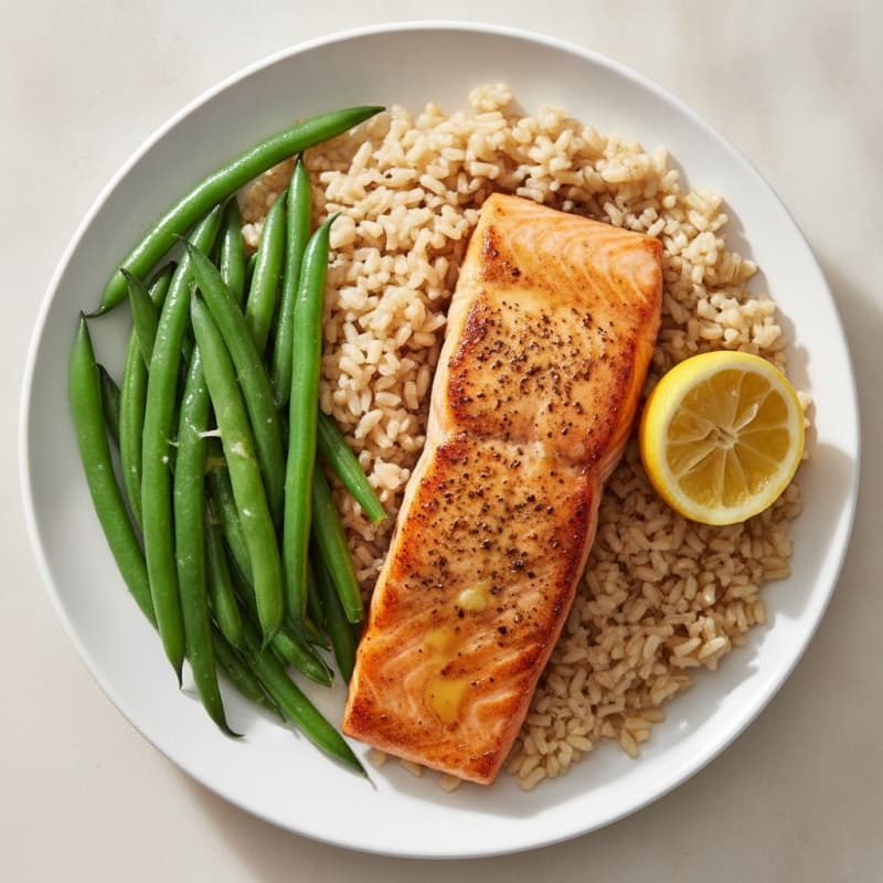 Seared Salmon with Steamed Green Beans and Brown Rice