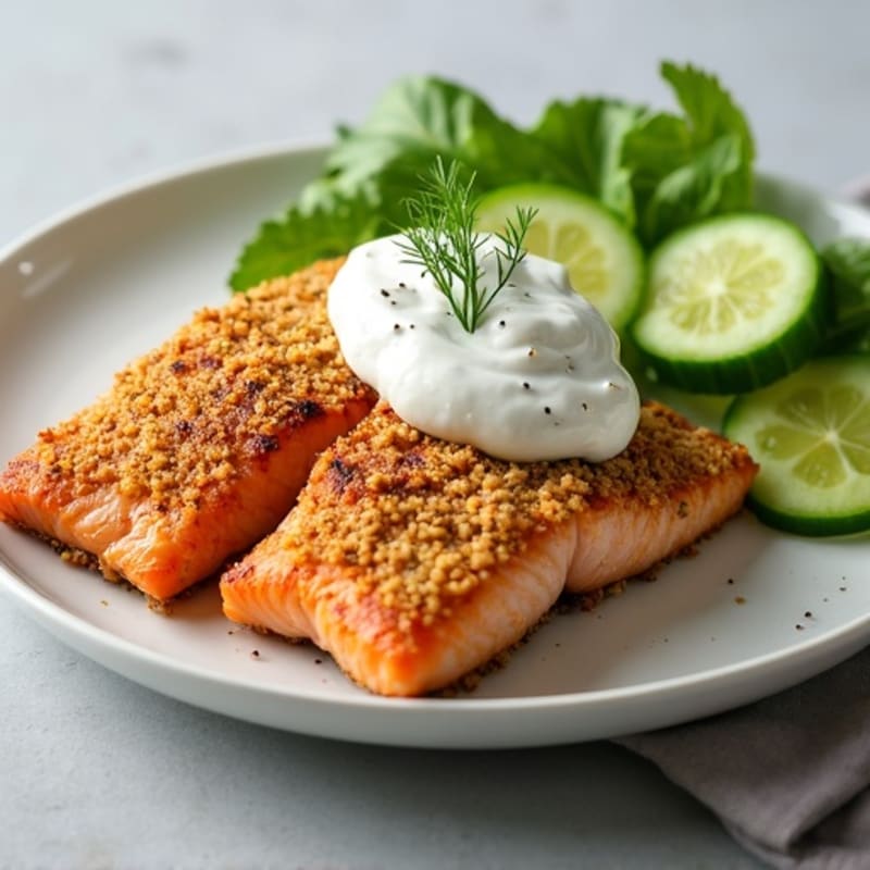 Everything Bagel Crusted Salmon with Creamy Dill Cucumber Salad