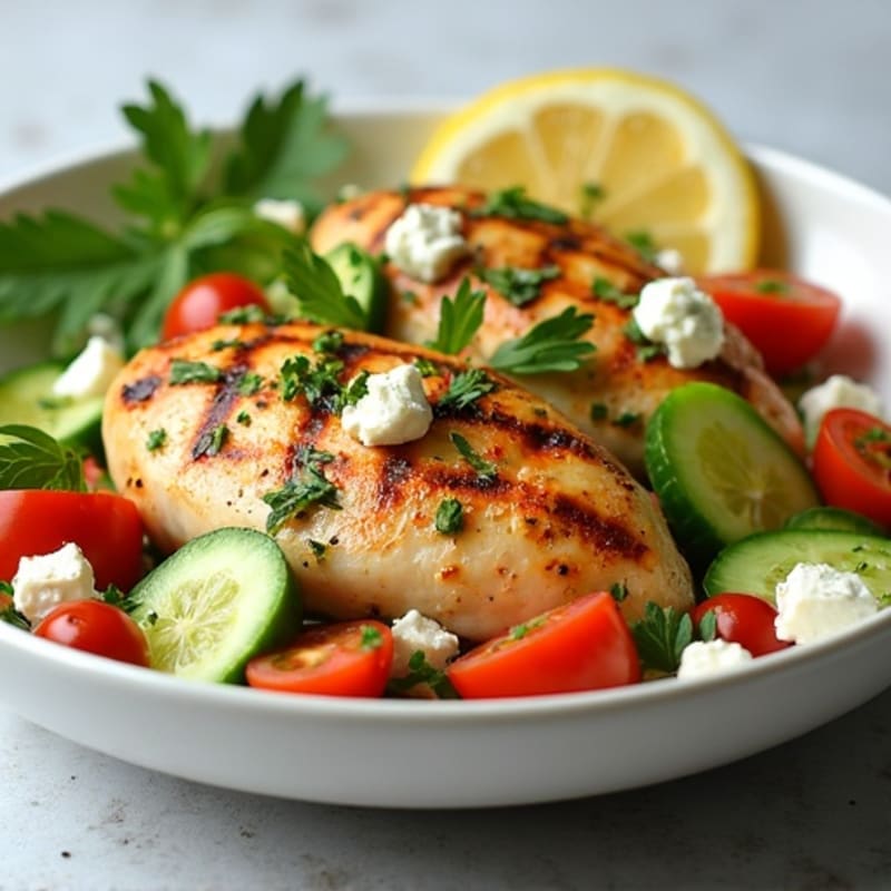 Grilled Lemon Herb Chicken with Fresh Cucumber Tomato Feta Salad