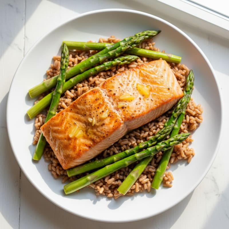 Seared Salmon with Steamed Asparagus and Brown Rice