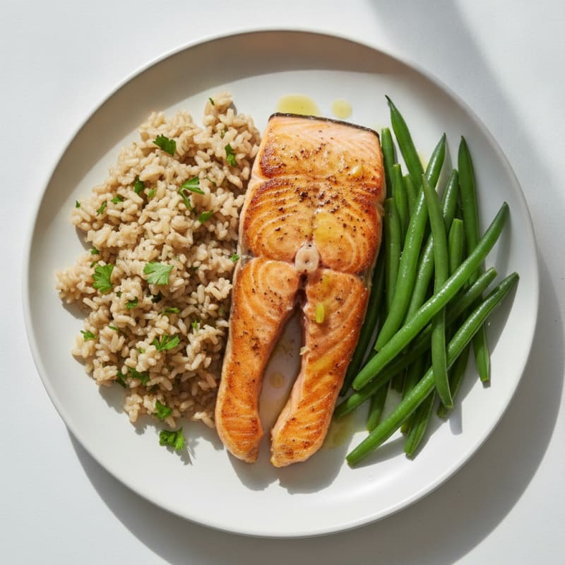 Seared Salmon with Steamed Green Beans and Herbed Brown Rice