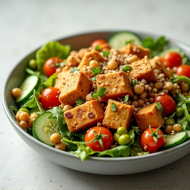 Crispy Tofu and Lentil Power Salad with Roasted Chickpeas
