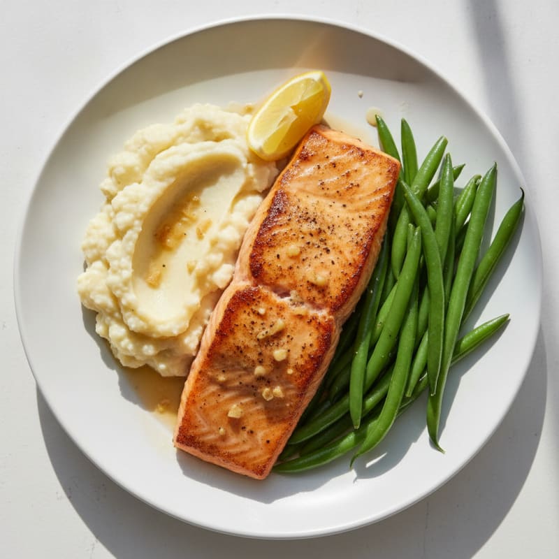 Seared Salmon Fillet with Steamed Green Beans and Garlic Mashed Cauliflower