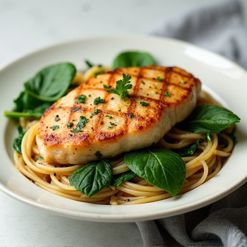 Pan-Seared Chicken and Whole Wheat Pasta with Garlic-Herb Sauce and Fresh Spinach