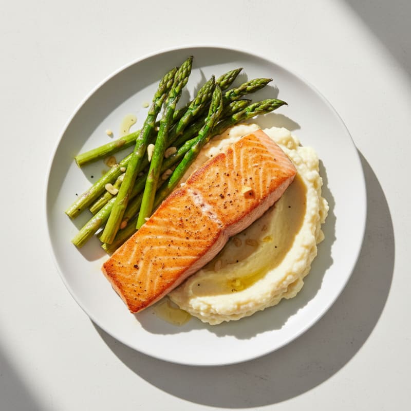 Seared Salmon with Roasted Asparagus and Cauliflower Mash